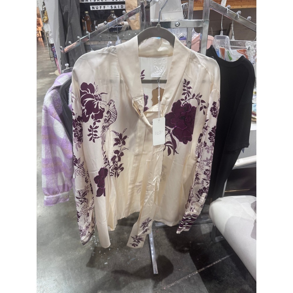 Johnny Was Jade Jornada Bow Silk Blouse XL vory Purple Floral Bird Tie Neck NW